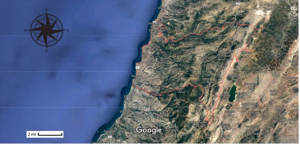 Figure 4: The Chouf expanding from the shorelines of Damour to the highest peaks of Mount Barouk (Source: Google maps)