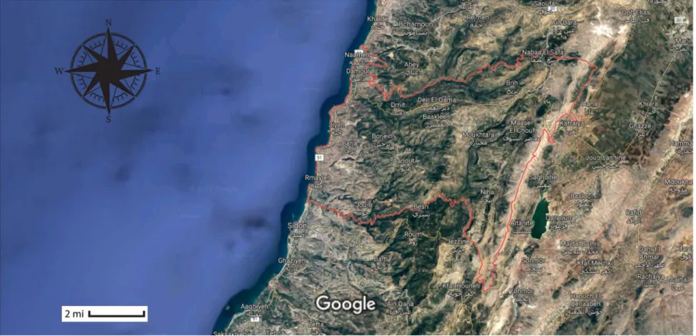 Figure 4: The Chouf expanding from the shorelines of Damour to the highest peaks of Mount Barouk (Source: Google maps)