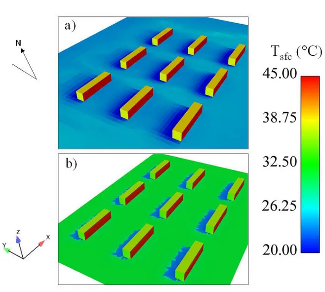 Figure 4.10: Comparison of two radiative models with visualization of surface temperatures (T s f c ) ( ◦ C) of ground, roof, SE and NE wall at 1000 LST: a) Code_Saturne; b) SOLENE.