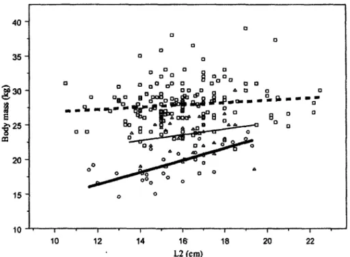 Figure 2.3. Relationship between body mass and length of the first 2 horn increments (L2) for  239 males chamois captured in April and May in the Parco Naturale Alpi Marittime, Italy,  1991 to 2008