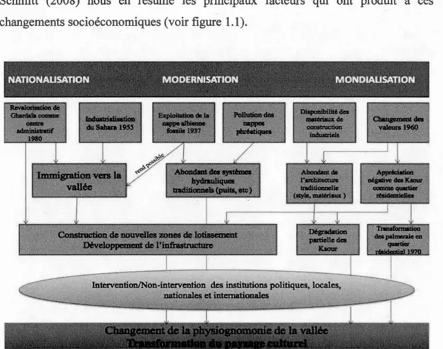 Figure  1.1  -Les facteurs déterminants la transformation  socioculturelle ,  économique  et politique de la Vallée du  M ' Zab (source :  Schmitt ,  2008 ,  p 