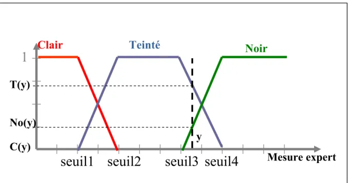 Figure 20 : Fonction d’appartenance de l’indicateur teinte du centrat  •  Indicateur Taux de polymère dans le centrat 