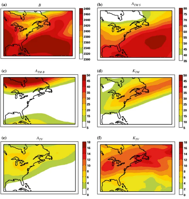 Fig. 8   Maps of time-averaged vertically integrated energy reservoirs  of  a pressure-dependant part of available enthalpy B,  b  stratifica-tion component of available enthalpy for the time-mean state A TM S , 