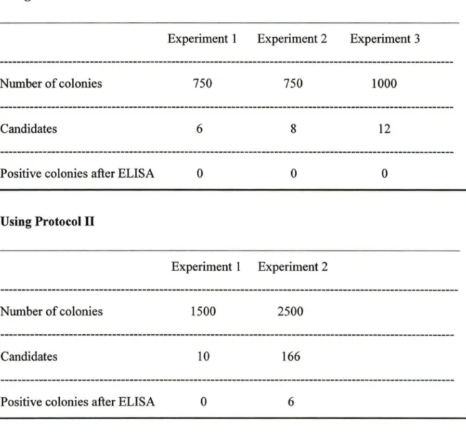 Table  2.  Summary  of results  of the  colony-lift  assay.  Using  the  second  protocol,  which was  selective  for  expression of the Etag,  six  CA125-positive  clones  (#91,  #103,  #148, #150, #151 , #155) were  obtained  among  176  candidates
