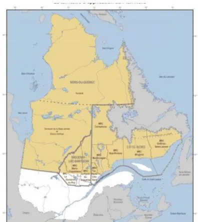 Figure 1.1 : Territoire d'application du projet Le Nord pour tous (tirée de : MRNF, 2011, p