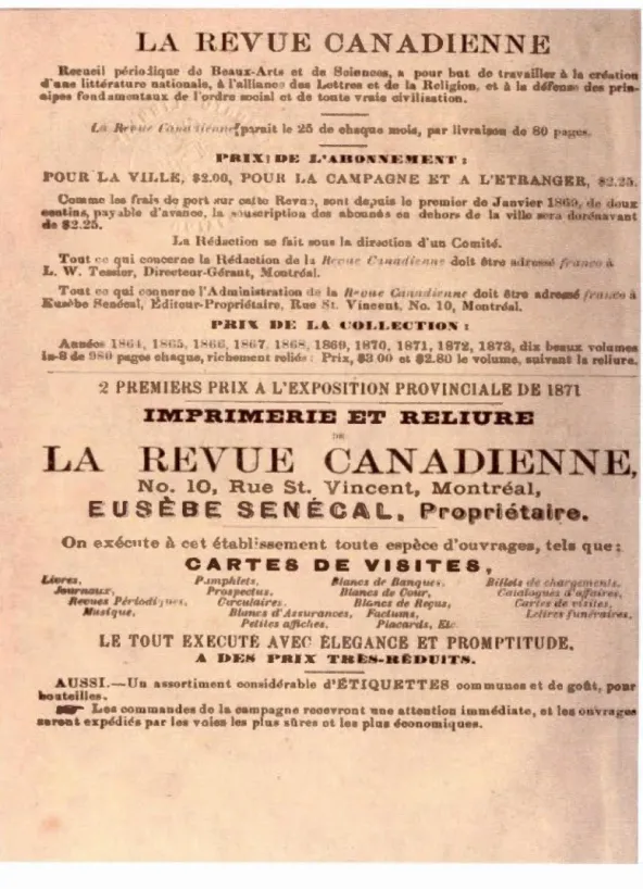 Figure  3.1.  Page publicitaire de La Revue  canadienne, tome  onzième, 1874 . 