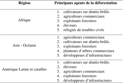 Tableau 1 : Principales causes directes de la déforestation (Source :  adapté de  FAO, 1997 ; World Commission on Forests and Sustainable Development 