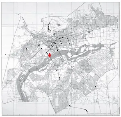 Figure 2.1  Carte de Bamako indiquant l’emplacement des monuments (points  noirs); Mémorial Modibo Keita identifié par un losange rouge 64 