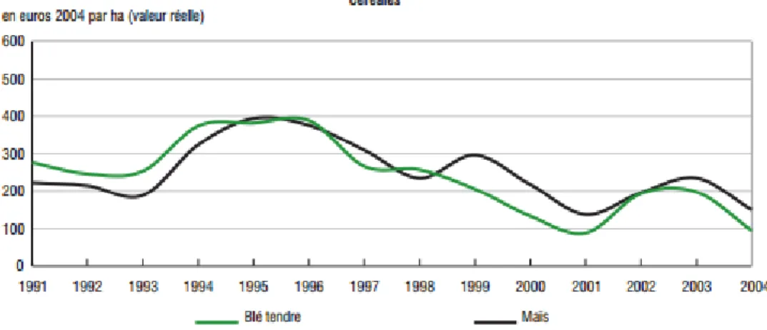 Figure 0.3 : Evolution des marges nettes du blé et de maïs entre 1991 à 2004 en euros/ha (source Insee, 2007) 