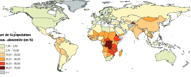 Figure 3 :  Concentration par pays des personnes souffrant de sous-alimentation en 2007 (selon les données  2007-2008 de l’indice de développement humain) (Source PNUD 2007/2008) 