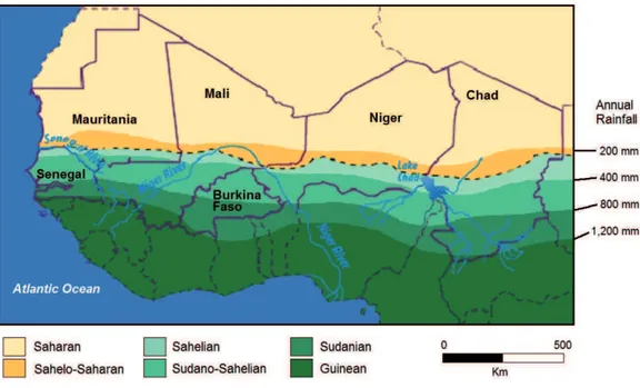 Figure 6 :  Précipitations annuelles et régions agro-climatiques en Afrique de l’Ouest (Source : FEWS 2007)