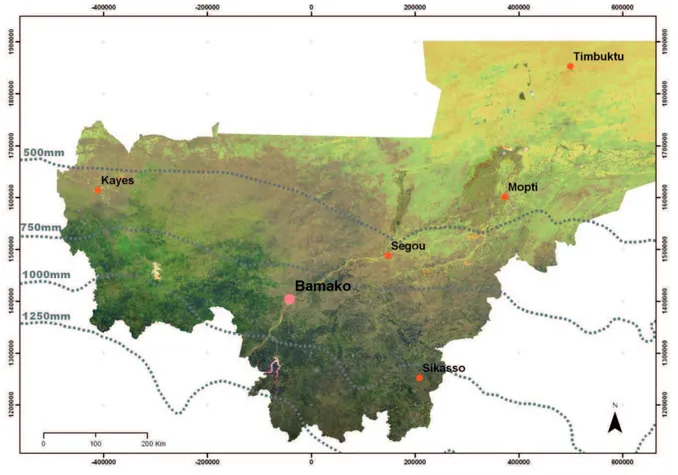 Figure 11 :  Composition colorée RVB à partir de séries temporelles de NDVI au Sud Mali en 2007   (NDVI Mars / NDVI Juin / NDVI Septembre – MOD13Q1)