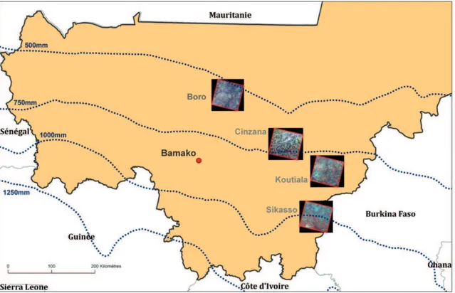 Figure 12 :  Localisation des 4 images SPOT acquises en 2007 au Mali : Boro, Cinzana, Koutiala et Sikasso et  Quicklook des images.