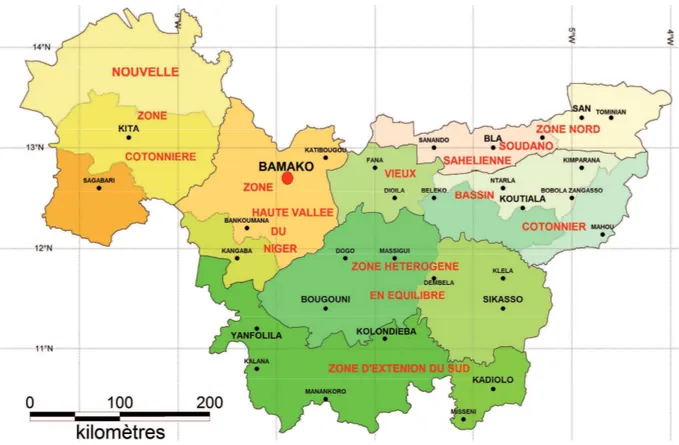 Figure 17 :  Régions agricoles et systèmes agraires locaux dans les zones cotonnières du Mali (Soumare, 2008)