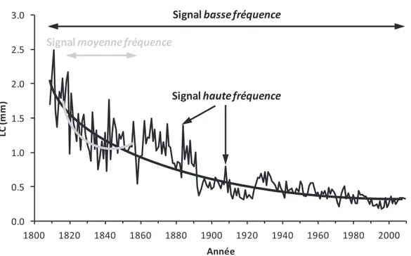 Figure 2.5 : Illustration des trois fréquences de signal sur une chronologie de Quercus petraea  carotté en 2009 dans le Massif des Vosges (Forêt de Barr ; Rotfelsen ; altitude : 750 m)