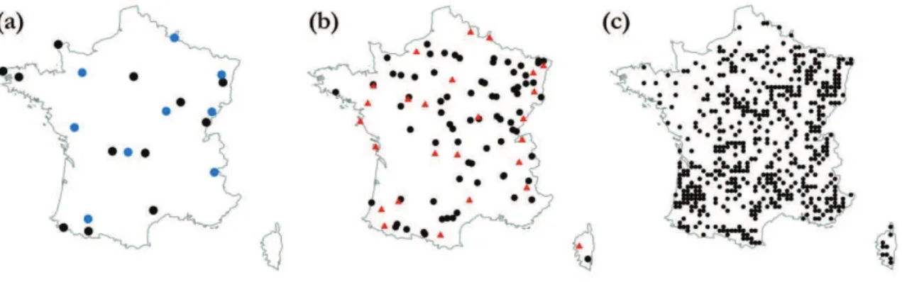 Figure  1-6   Réseaux  de  surveillance  mis  en  place  en  France :  (a)  réseau  MERA  à  partir  de 