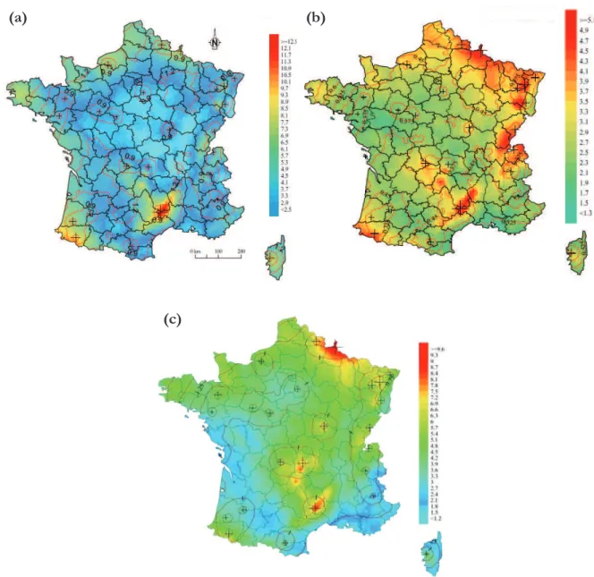 Figure  2-4   Distribution  spatiale  des  données  modélisées  des  dépôts  hors  couvert  (a)  de  soufre  de  l’ion  sulfate  (S-SO 4 )  (b)  d’azote  des  nitrates  (NO 3 )  et  (c)  d’azote  de  l’ion 