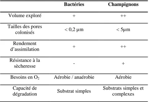Tableau 1 - Comparaison des différentes propriétés intrinsèques des bactéries et des  champignons