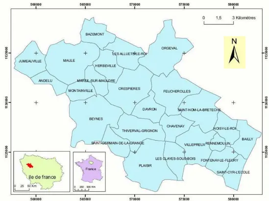 Figure 1. Localisation des 25 communes de l’association patrimoniale de la Plaine de Versailles et du 