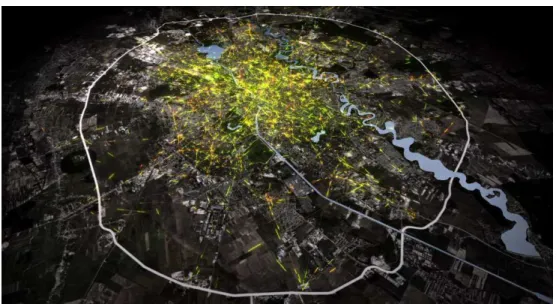 Fig. 2.1: Deux vues diff´erentes de flux de population en milieu urbain. La