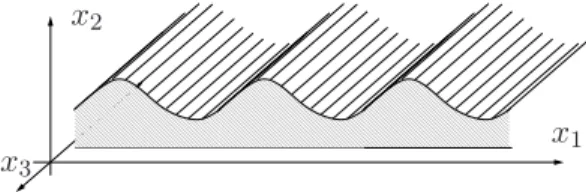 Figure 2.1: The diffraction grating is periodic in x 1 , translation invariant in x 3 and bounded