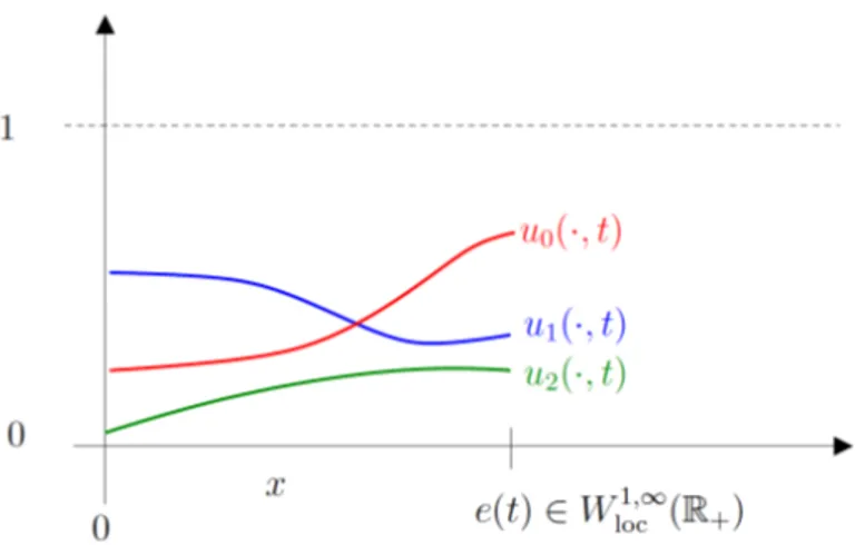 Figure 2.1 – Illustration of the composition of the film layer at time t in the case n = 2