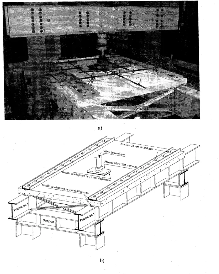 Figure 3.15 a) Photo montrant la dalle (D-V2) lors de 1'essai et b) dessin en 3-D d'une dalle  sur le dispositif d'essai 