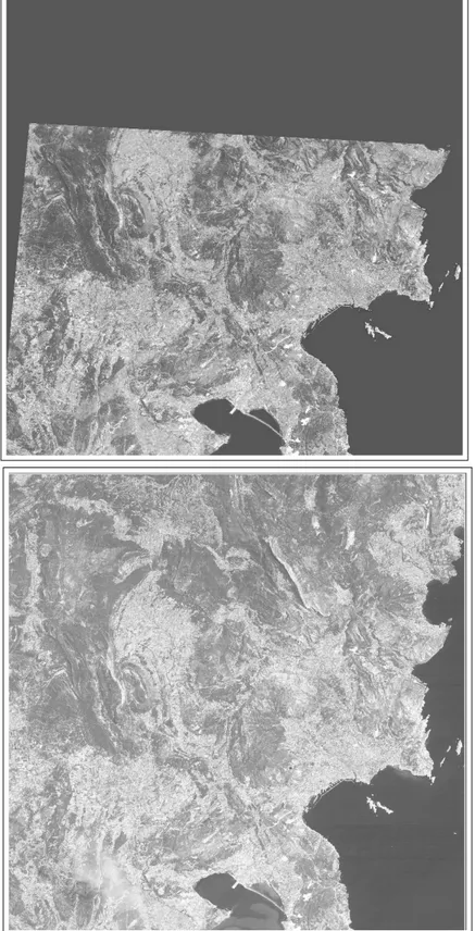 Fig. 2.7 – Couple st´er´eoscopique rectiﬁ´e d’images panchromatiques obtenues par le satellite SPOT sur la r´ egion d’Aix-Marseille (France).