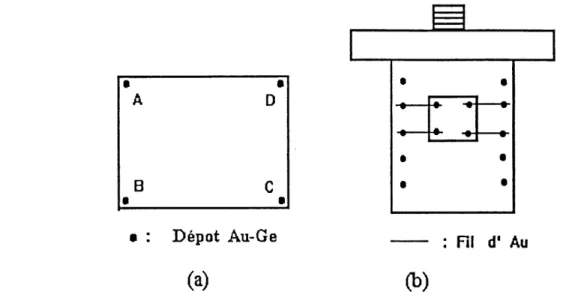 Figure HI-4: (a) Echantillon de GaAs (1x1 cm environ) avec 4 contacts Au-Ge. (b) Porte-6chantillon et les bornes pour les contacts 61ectriques.