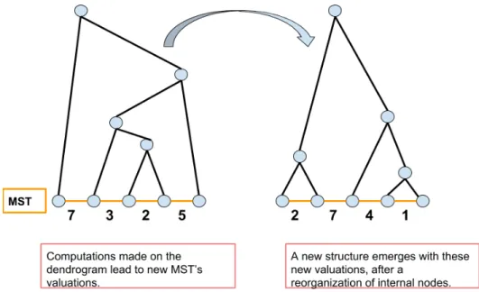 Figure 3.4 – Reorganization of internal nodes of the dendrogram once new valuations for the MST edges have been computed.