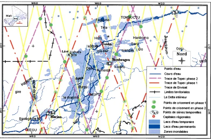figure 17: Localisation des traces des satellites T/P et Envisat et des stations virtuelles aux croisements (Inspirée de la grille des demi-orbites d’AVISO, 2008).