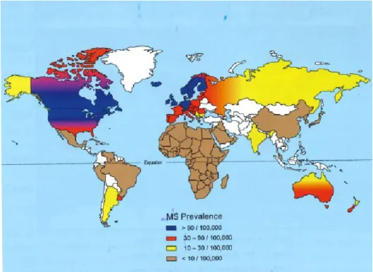 Figure 1 : Prévalence mondiale de la SEP.  