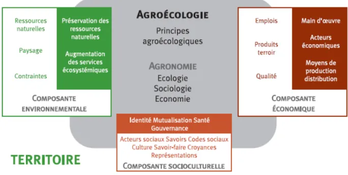 Figure 2.1 Composantes de l’agroécologie et leur intégration dans le territoire  Source  : GTD, (2013), p20