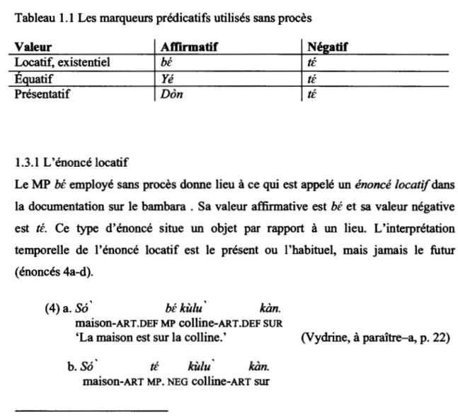 Tableau 1.1 Les marqueurs prédicatifs utilisés sans procès 