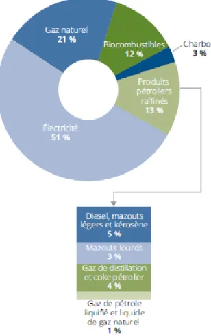 Figure 1.3 Consommation par source d’énergie –secteur  commercial et institutionnel en 2011 (tiré de  Whitmore et  Pineau, 2014)