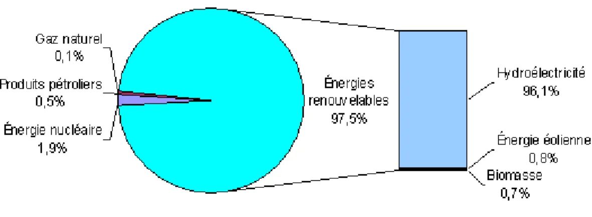 Figure 4.1 Électricité produite par source au Québec en 2011 (tiré de Québec. MERN, 2013c)