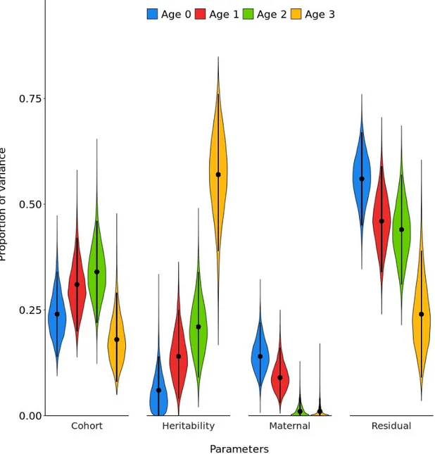Figure 2.1 Proportion of bighorn sheep mass variance conditional on the fixed effect of  sex explained by cohort effect, additive genetic variance (heritability), maternal effect  and residuals at each age, Ram Mountain, Alberta