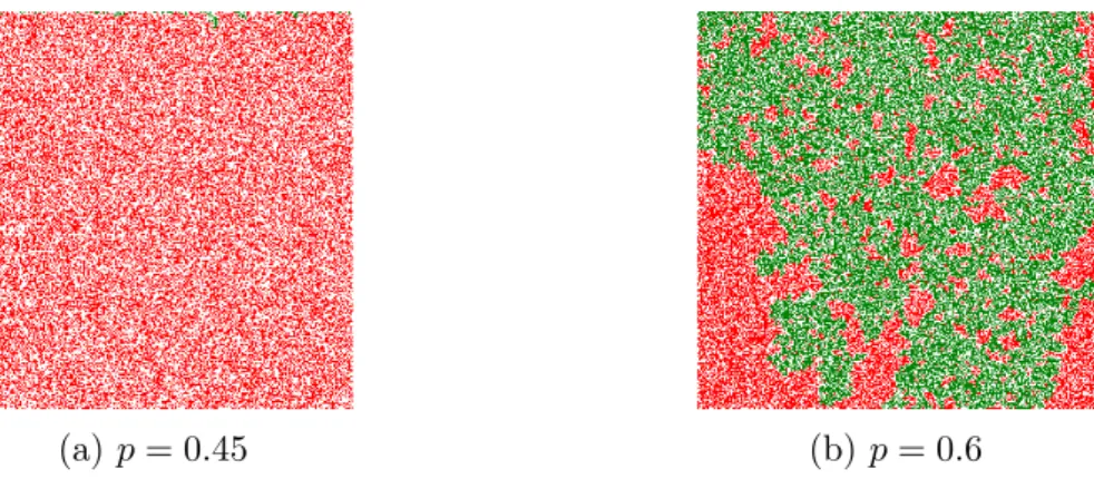 Figure 1.1: Illustration of percolation on a square lattice of size 500 ⇥ 500. Bonds are red if open, white if blocked and percolation paths are in green.