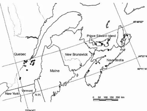 Figure  0.2  Distributi on de  B.  viridescens  dans  l ' Est  canadien jusqu ' en  200 1 (Masan 