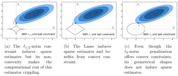Figure 1-6: Estimation picture of three penalized regression methods in a two- two-dimensional setting