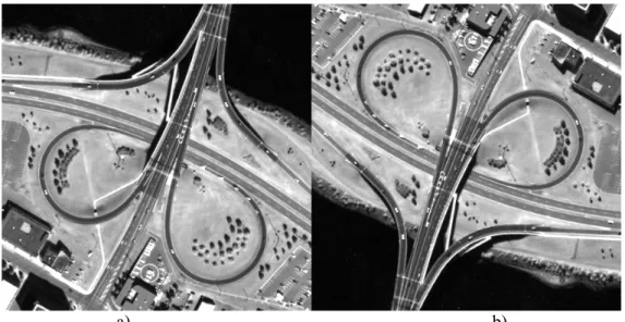 Figure 2.3 : a) modalité Pan (Ikonos) – Fredericton (Canada), b) même image ayant subi une rotation de  180 degrés