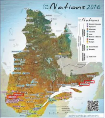 Figure 2: Quebec First Nations - study areas highlighted in red rectangles 