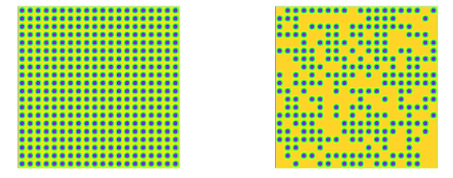 Figure 3.1 – Two instances of material ( 3.14 ). Left (η = 0): perfect material with circular inclusions located on a periodic network