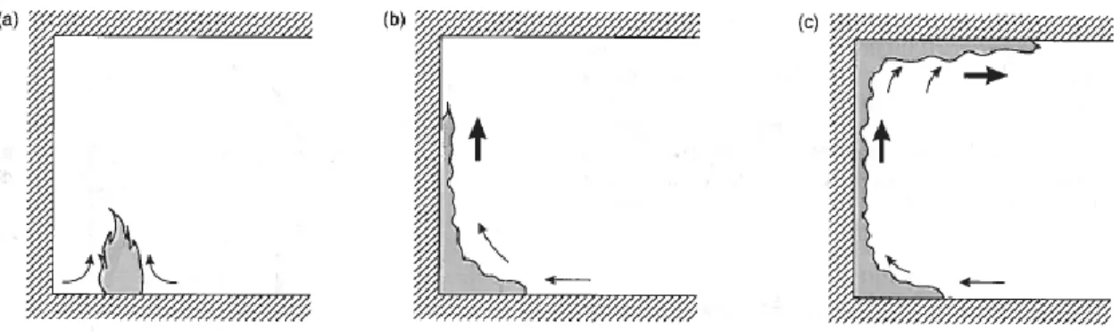 Figure 1- 4 : Orientation de la finition intérieure combustible et des modes de propagation  de la flamme sur (a) un sol, (b) un mur et (c) un plafond [83] 