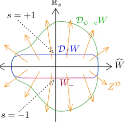 Figure 3.1: D f W and D ψ −c W inside c W × R s and the vector field Z D , transverse to both;
