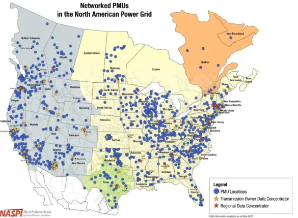 Figure I.2: Deployment of phasor measurement units in the North American power grid  (credit: NASPI [70])
