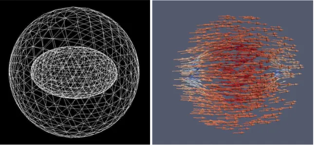 Fig. 3.2. Left: representation of Mesh 1, Right: potential flow around the ellipsoid.