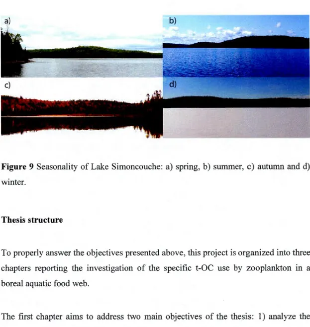 Figure  9  Seasonality of Lake  Simoncouche :  a)  spring ,  b)  summer ,  c)  auturnn and d)  win ter