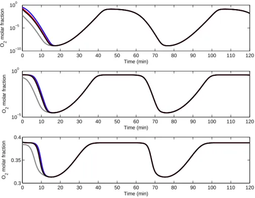 Figure 3.9: Simulated and estimated O 2 lumped molar fractions at various locations in the