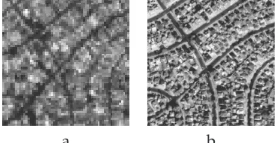 Figure 2.1: Samples of satellite images of the same place in Los Angeles: a - SPOT5 (5